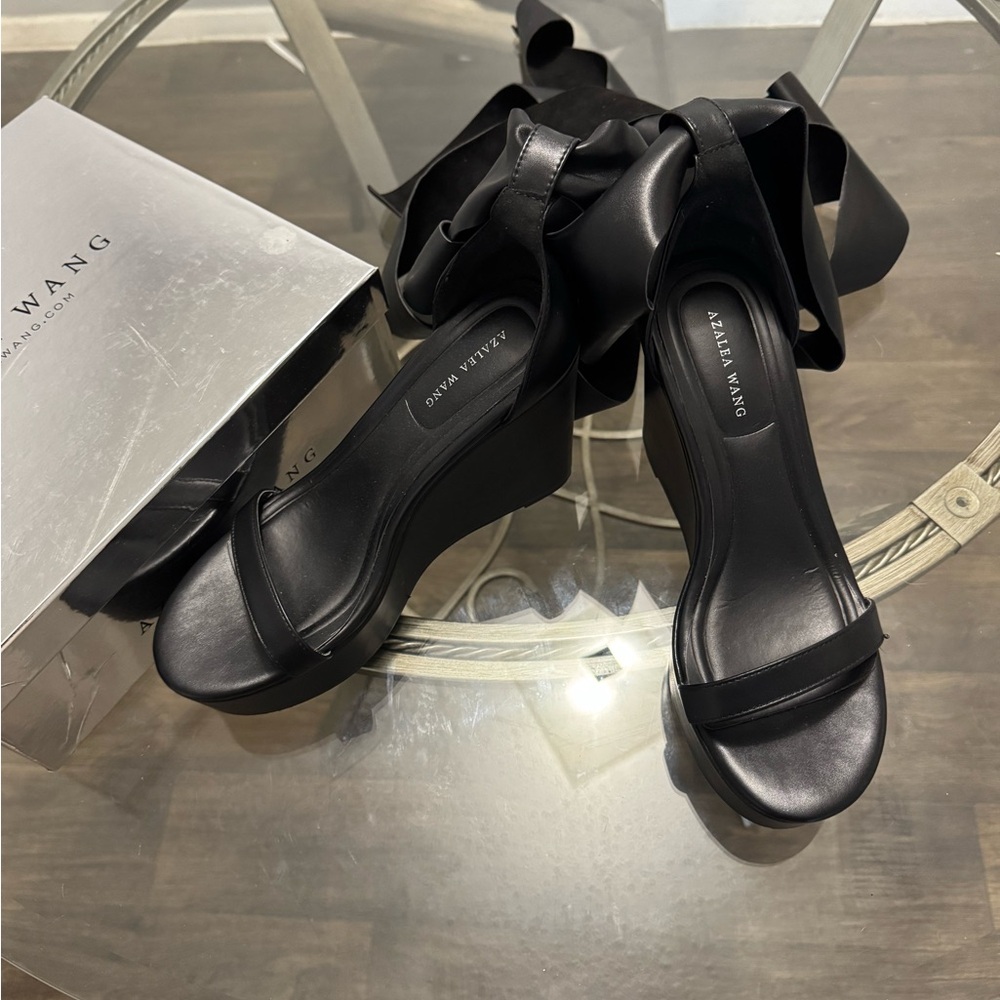 Azalea Wang Black Ribbon Wedge Sandals